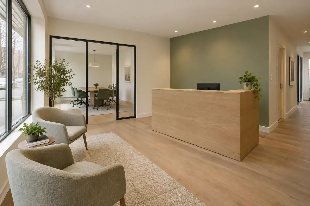 Réception lumineuse aux murs vert sauge et blancs, avec comptoir en bois.
