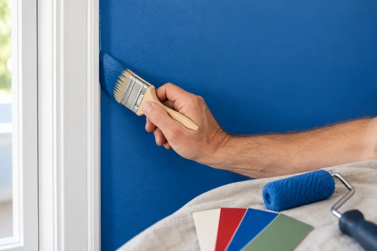 Concept généré par IA : une main applique de la peinture bleue au pinceau près d’une moulure blanche, avec un rouleau et des échantillons de couleur.