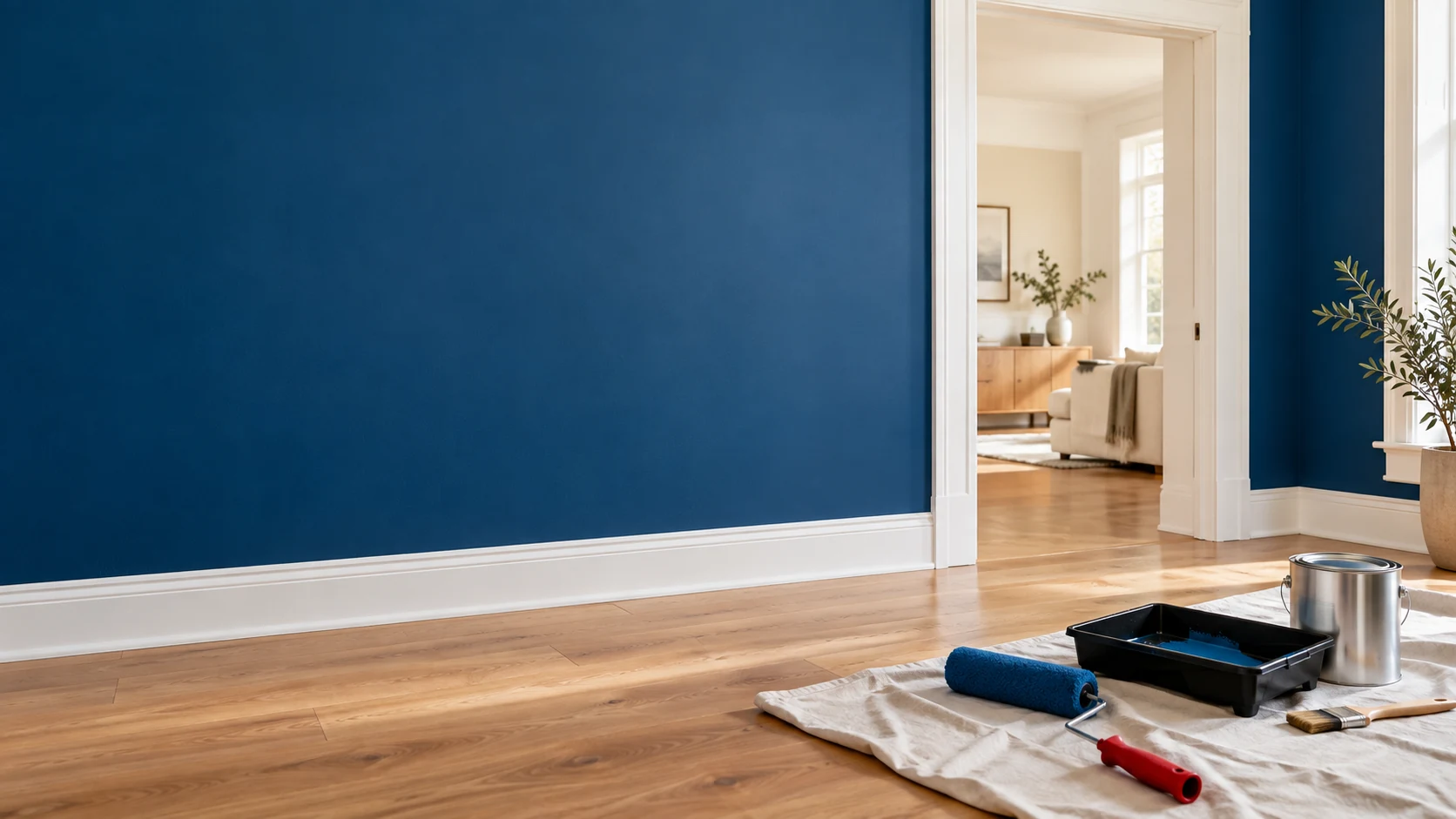 Intérieur aux murs bleus et moulures blanches, avec rouleau, pinceau et bac à peinture sur une toile de protection.