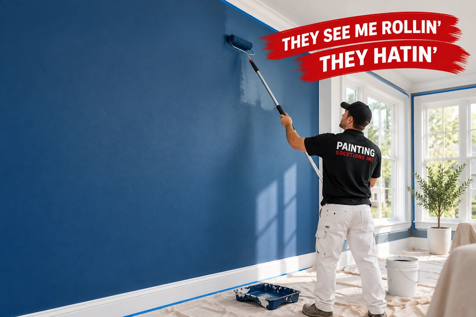 Visuel généré par IA : un peintre utilise un rouleau dans un intérieur bleu, avec le slogan « THEY SEE ME ROLLIN’ / THEY HATIN’ » en blanc sur des bandes rouges.