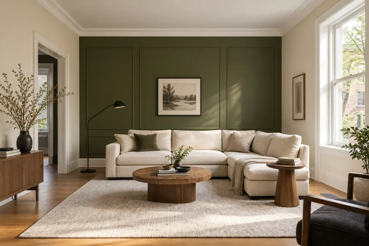 Inspiration générée par IA : salon aux murs ivoire et vert olive, moulures blanches et plancher de bois.
