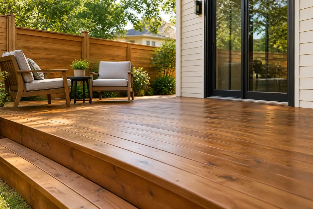Inspiration générée par IA : terrasse et clôture en cèdre avec teinture naturelle.